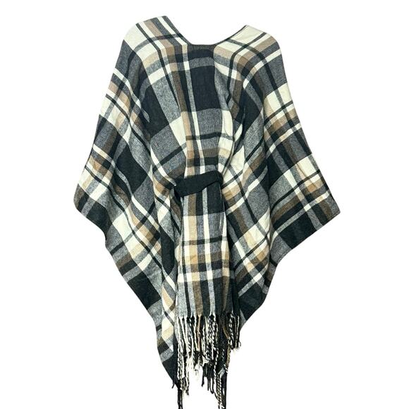 Lane Bryant open front tie waist flannel poncho plaid black white tan One Size - Picture 2 of 5